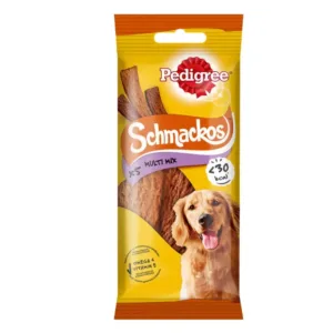 schmackos cani multi mix strisce morbide confezione gialla con golden retriever