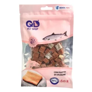 Confezione snack per cani Denta Fun con cubetti morbidi al filetto di salmone.