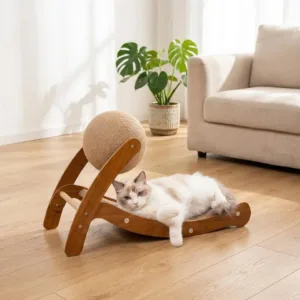 Tiragraffi Gatti Cuccia Bambù Pallina sisal e struttura in legno noce