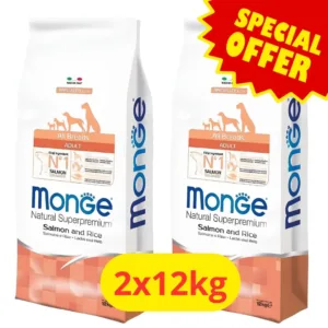 Due sacchi di crocchette Monge Monoprotein Salmone e Riso per cani adulti.