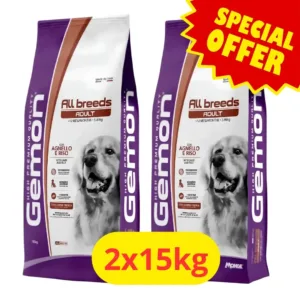 Confezioni viola Gemon Adult Agnello e Riso con immagine di Golden Retriever.