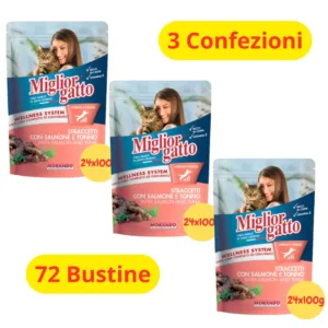 Bustine di cibo umido MigliorGatto Straccetti con salmone e tonno