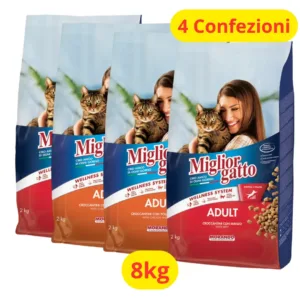 Quattro sacchi da 2kg di croccantini MigliorGatto gusti manzo e pollo