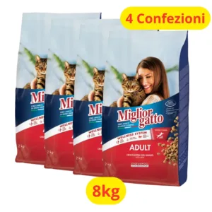 Quattro sacchi di croccantini MigliorGatto al manzo con gatto soriano e crocchette visibili