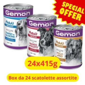 Confezione di 24 lattine Gemon Adult Medium con gusti assortiti per cani.