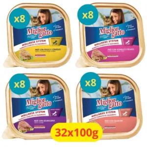 Vaschette di paté MigliorGatto in diversi colori per gusti assortiti