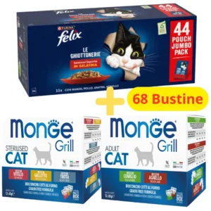 Insieme di prodotti Felix Le Ghiottonerie e Monge Grill Adult e Sterilised
