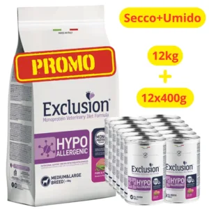Sacco Exclusion Hypoallergenic 12kg e lattine di umido maiale e piselli