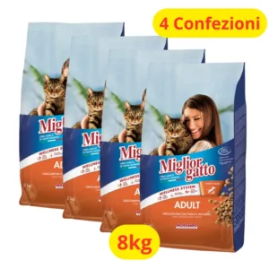 Confezioni MigliorGatto pollo e tacchino con grafica blu e rossa e icone benessere