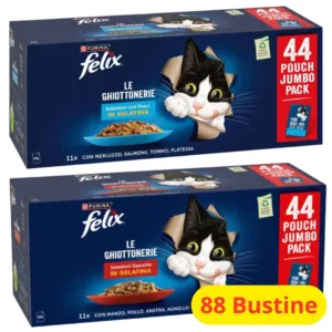 Due scatole Jumbo Pack Felix Le Ghiottonerie selezione carne e pesce 88 bustine