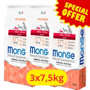 Pack promozionale Monge Mini Adult Salmone e Riso composto da tre buste