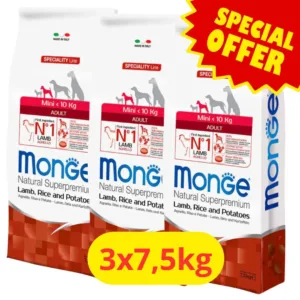 Tre sacchi di crocchette Monge Mini Adult Agnello Riso e Patate disposti vicini