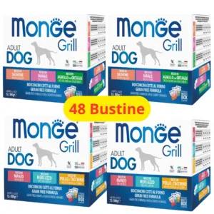 Confezione bundle Monge Grill Adult Dog Multibox con bustine gusti assortiti per cani.