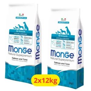 Due sacchi di crocchette Monge Hypoallergenic al salmone e tonno per cani.