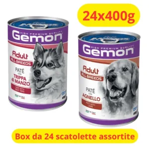 Lattine di paté Gemon per cani gusti trippa e agnello in confezione da 24.