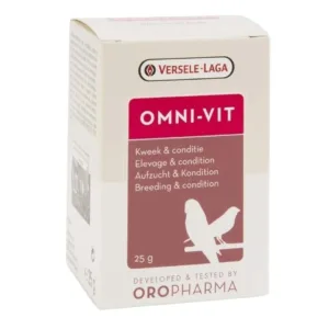 Confezione di Versele-Laga Omni-Vit integratore vitaminico in polvere per uccelli da 25g