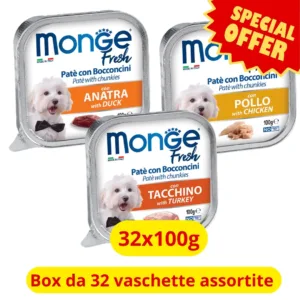 Confezioni assortite Monge Fresh anatra pollo e tacchino su sfondo bianco