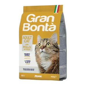 Gatto tigrato su sacchetto di crocchette Gran Bontà al Pollo da 400g