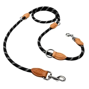 guinzaglio cane multifunzione corda riflettente nero con moschettoni acciaio