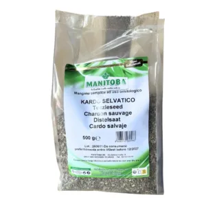 Sacchetto trasparente di semi di cardo selvatico Manitoba con etichetta verde