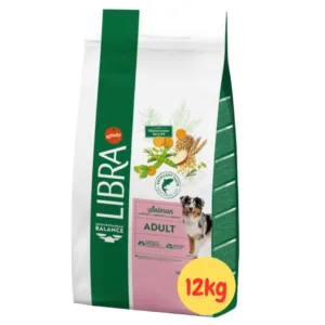 Confezione Libra Crocchette Cane Salmone Adult Mediterranean da 12kg con immagine di cane