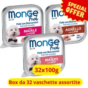 Vaschette assortite Monge Fresh carni saporite con immagine di cagnolino bianco
