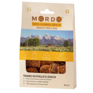 Confezione di snack Mordo pollo e zucca in tranci per cani con finestra trasparente.