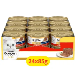 Gourmet Gold Gatto Mousse Manzo confezione multipack da 24 lattine per gatti adulti.