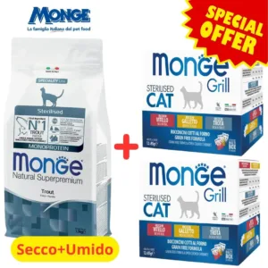 Crocchette Gatto Sterilizzato Trota Bundle Monge con due multibox di umido