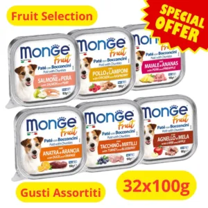 Monge fruit cane gusti assortiti vaschette con carne e frutta