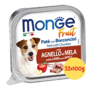 Monge Fruit Umido Cane Paté in vaschetta con agnello e mela.