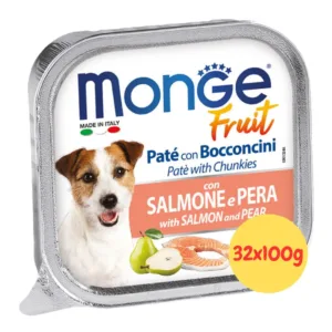 Monge Fruit Umido Cane Paté con bocconcini, salmone e pera.