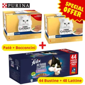 Paté Bocconcini Gatto Purina Gold Mousse e Felix Jumbo in confezioni