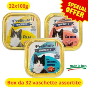 Vaschette gatto gusti assortiti prelibato macinato box da 32 pezzi